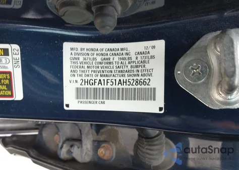 2010 Honda Civic Lx из США, поврежденный, VIN 2HGFA1F51AH528662